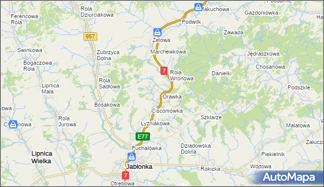 mapa Orawka gmina Jabłonka, Orawka gmina Jabłonka na mapie Targeo