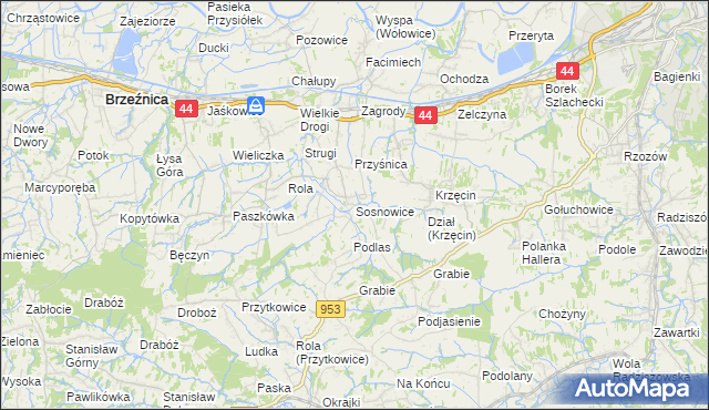 mapa Sosnowice gmina Brzeźnica, Sosnowice gmina Brzeźnica na mapie Targeo