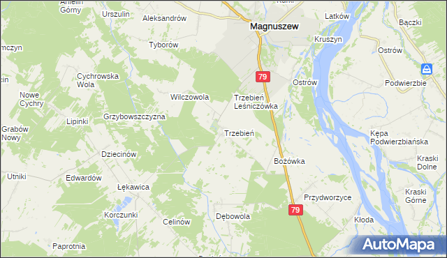 mapa Trzebień gmina Magnuszew, Trzebień gmina Magnuszew na mapie Targeo