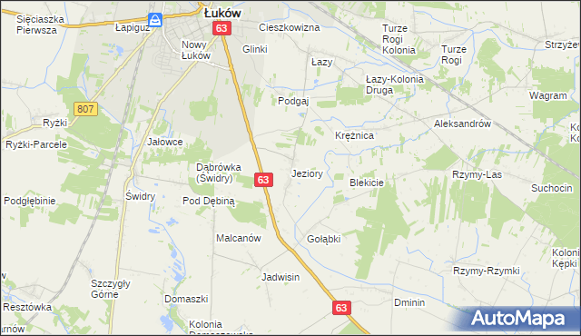 mapa Jeziory gmina Łuków, Jeziory gmina Łuków na mapie Targeo