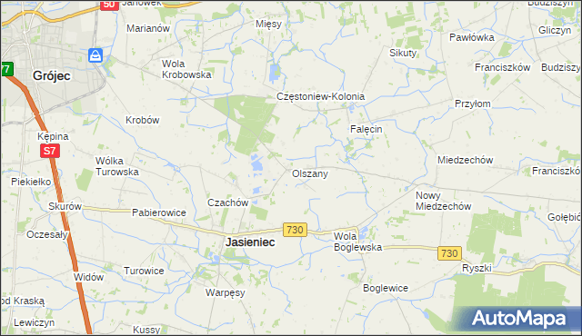 mapa Olszany gmina Jasieniec, Olszany gmina Jasieniec na mapie Targeo