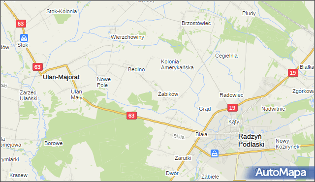 mapa Żabików gmina Radzyń Podlaski, Żabików gmina Radzyń Podlaski na mapie Targeo