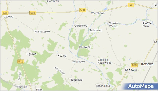 mapa Borowiec gmina Kozłowo, Borowiec gmina Kozłowo na mapie Targeo
