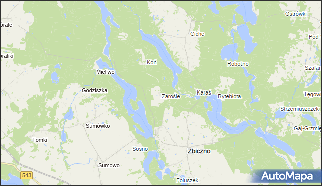mapa Zarośle gmina Zbiczno, Zarośle gmina Zbiczno na mapie Targeo