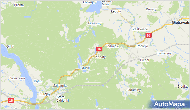 mapa Rapaty gmina Gietrzwałd, Rapaty gmina Gietrzwałd na mapie Targeo