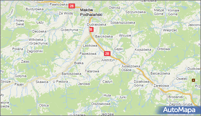 mapa Juszczyn gmina Maków Podhalański, Juszczyn gmina Maków Podhalański na mapie Targeo