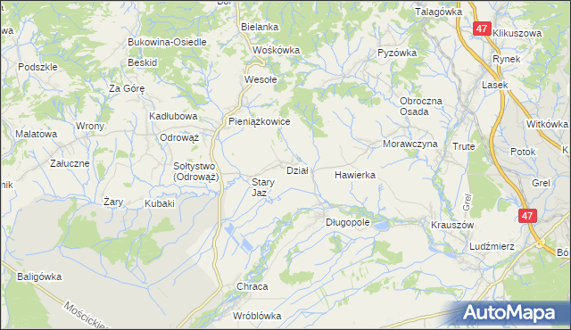 mapa Dział gmina Czarny Dunajec, Dział gmina Czarny Dunajec na mapie Targeo