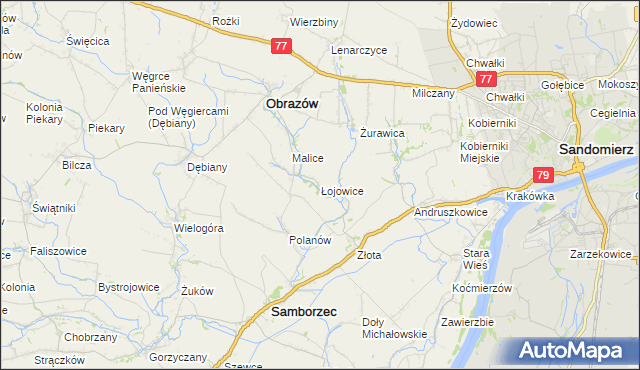 mapa Łojowice gmina Samborzec, Łojowice gmina Samborzec na mapie Targeo