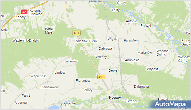 mapa Wrzosy gmina Popów, Wrzosy gmina Popów na mapie Targeo