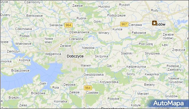 mapa Skrzynka gmina Dobczyce, Skrzynka gmina Dobczyce na mapie Targeo