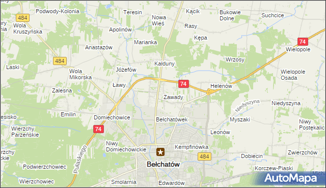 mapa Zawady gmina Bełchatów, Zawady gmina Bełchatów na mapie Targeo