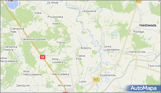 mapa Brzeziny gmina Lubartów, Brzeziny gmina Lubartów na mapie Targeo