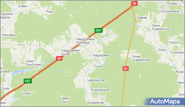 mapa Nagoszewo gmina Ostrów Mazowiecka, Nagoszewo gmina Ostrów Mazowiecka na mapie Targeo