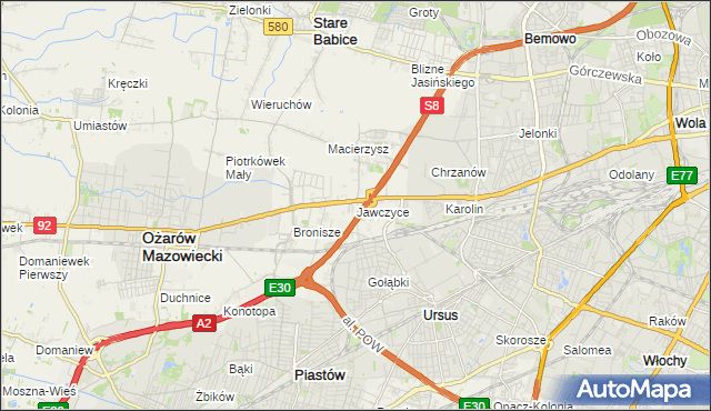 mapa Jawczyce gmina Ożarów Mazowiecki, Jawczyce gmina Ożarów Mazowiecki na mapie Targeo