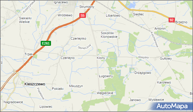 mapa Klony gmina Kostrzyn, Klony gmina Kostrzyn na mapie Targeo
