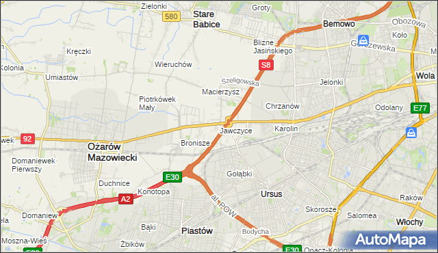 mapa Jawczyce gmina Ożarów Mazowiecki, Jawczyce gmina Ożarów Mazowiecki na mapie Targeo