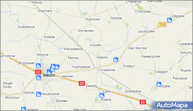 mapa Adamki gmina Błaszki, Adamki gmina Błaszki na mapie Targeo
