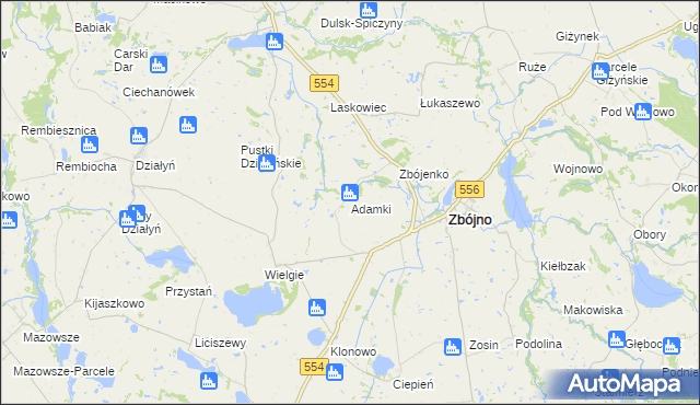 mapa Adamki gmina Zbójno, Adamki gmina Zbójno na mapie Targeo