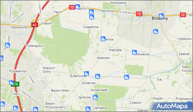 mapa Adamów gmina Brzeziny, Adamów gmina Brzeziny na mapie Targeo