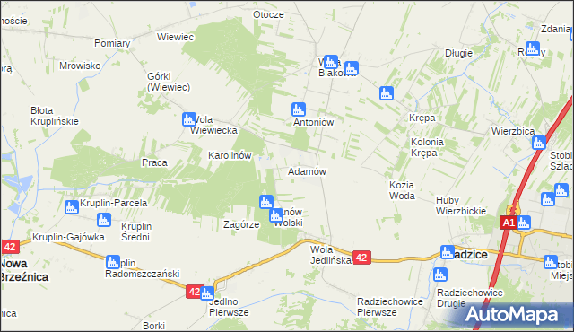 mapa Adamów gmina Ładzice, Adamów gmina Ładzice na mapie Targeo