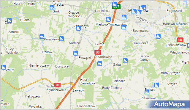 mapa Adamowice gmina Mszczonów, Adamowice gmina Mszczonów na mapie Targeo