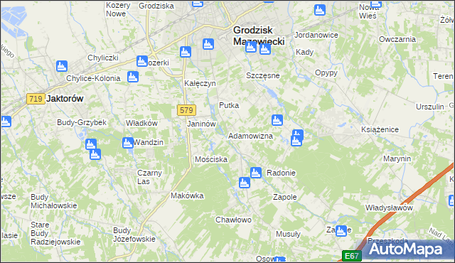 mapa Adamowizna gmina Grodzisk Mazowiecki, Adamowizna gmina Grodzisk Mazowiecki na mapie Targeo