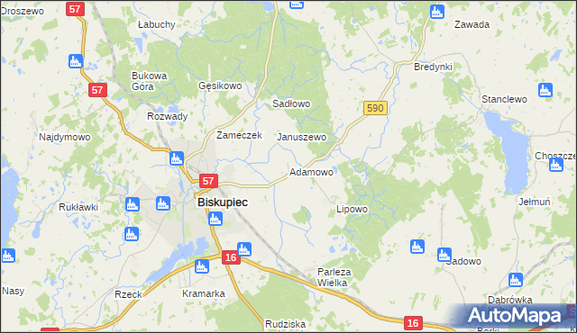 mapa Adamowo gmina Biskupiec, Adamowo gmina Biskupiec na mapie Targeo