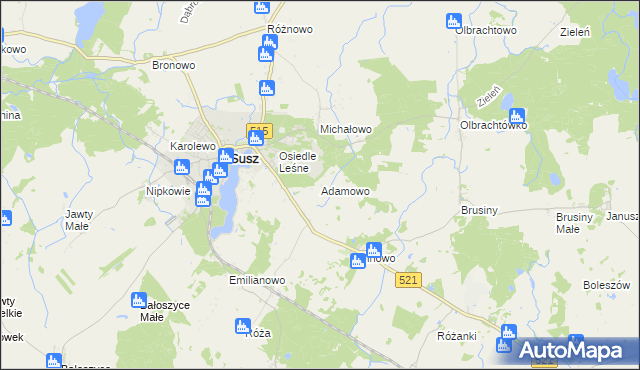 mapa Adamowo gmina Susz, Adamowo gmina Susz na mapie Targeo