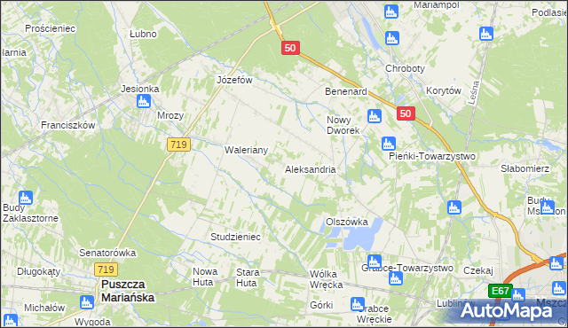 mapa Aleksandria gmina Puszcza Mariańska, Aleksandria gmina Puszcza Mariańska na mapie Targeo