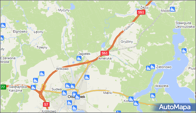 mapa Ameryka gmina Olsztynek, Ameryka gmina Olsztynek na mapie Targeo