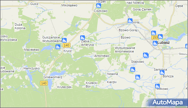 mapa Antoniewo gmina Lubasz, Antoniewo gmina Lubasz na mapie Targeo