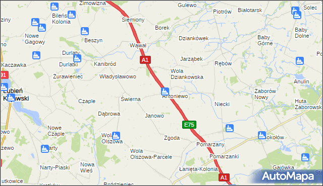 mapa Antoniewo gmina Lubień Kujawski, Antoniewo gmina Lubień Kujawski na mapie Targeo