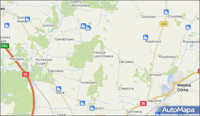 mapa Antoniewo gmina Miejska Górka, Antoniewo gmina Miejska Górka na mapie Targeo