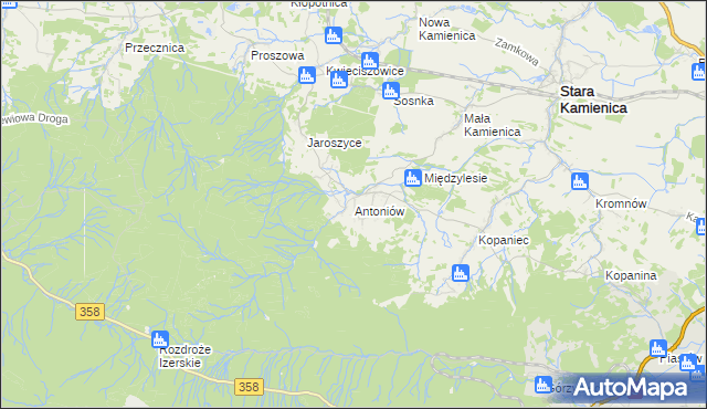 mapa Antoniów gmina Stara Kamienica, Antoniów gmina Stara Kamienica na mapie Targeo