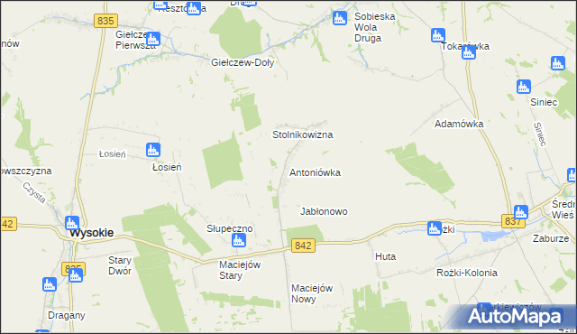 mapa Antoniówka gmina Wysokie, Antoniówka gmina Wysokie na mapie Targeo