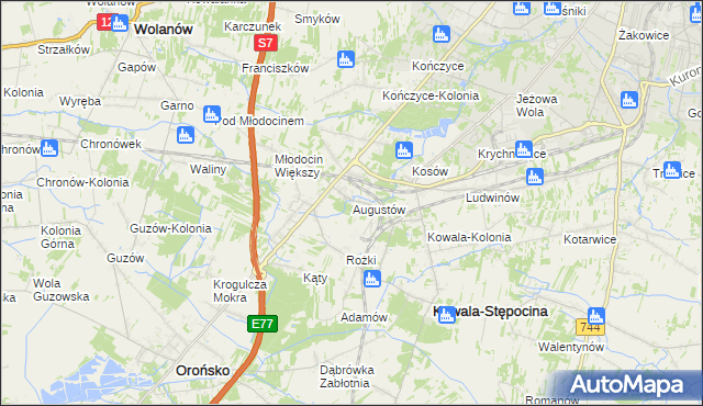 mapa Augustów gmina Kowala, Augustów gmina Kowala na mapie Targeo