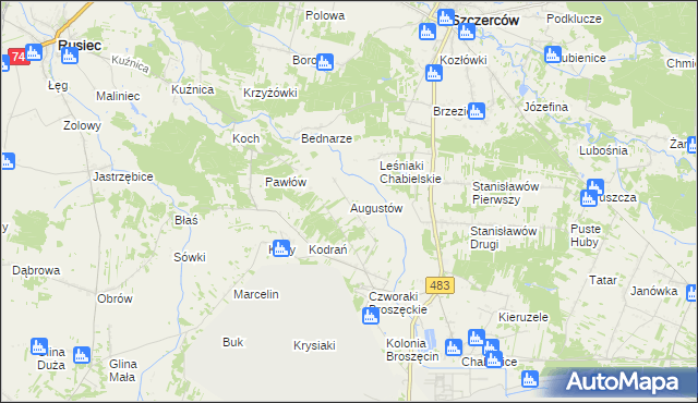 mapa Augustów gmina Rząśnia, Augustów gmina Rząśnia na mapie Targeo