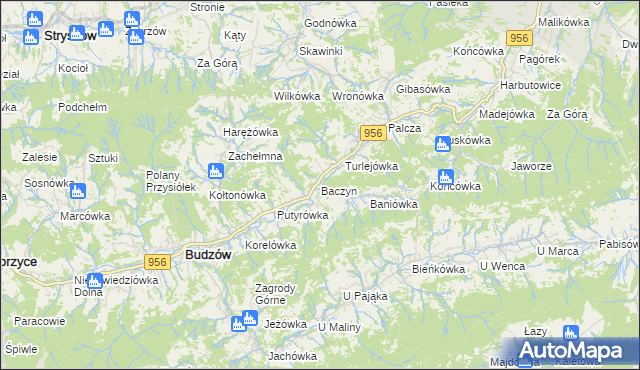 mapa Baczyn gmina Budzów, Baczyn gmina Budzów na mapie Targeo