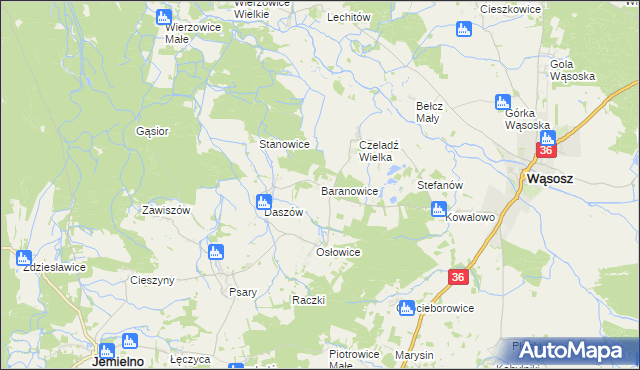 mapa Baranowice gmina Wąsosz, Baranowice gmina Wąsosz na mapie Targeo