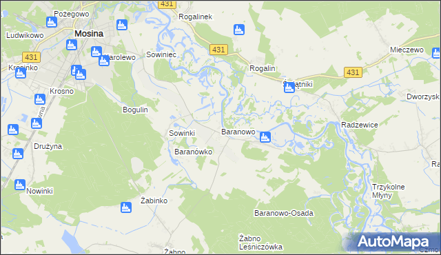 mapa Baranowo gmina Mosina, Baranowo gmina Mosina na mapie Targeo