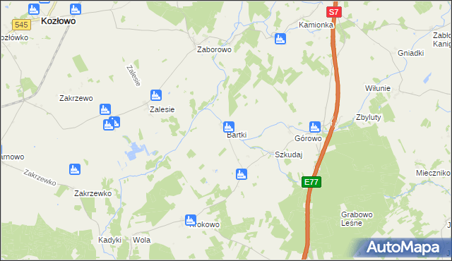 mapa Bartki gmina Kozłowo, Bartki gmina Kozłowo na mapie Targeo