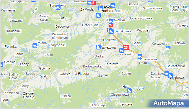 mapa Białka gmina Maków Podhalański, Białka gmina Maków Podhalański na mapie Targeo