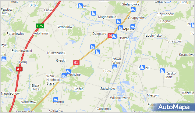 mapa Białocin gmina Rozprza, Białocin gmina Rozprza na mapie Targeo