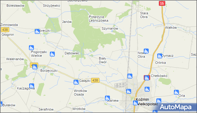 mapa Biały Dwór gmina Koźmin Wielkopolski, Biały Dwór gmina Koźmin Wielkopolski na mapie Targeo