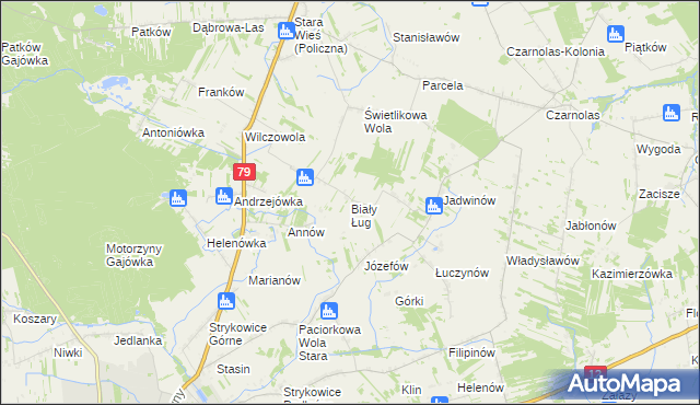 mapa Biały Ług gmina Policzna, Biały Ług gmina Policzna na mapie Targeo