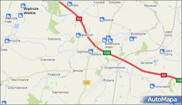 mapa Bielany gmina Wądroże Wielkie, Bielany gmina Wądroże Wielkie na mapie Targeo