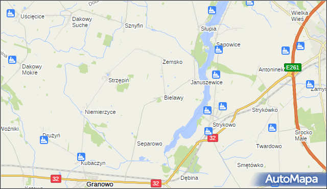 mapa Bielawy gmina Granowo, Bielawy gmina Granowo na mapie Targeo