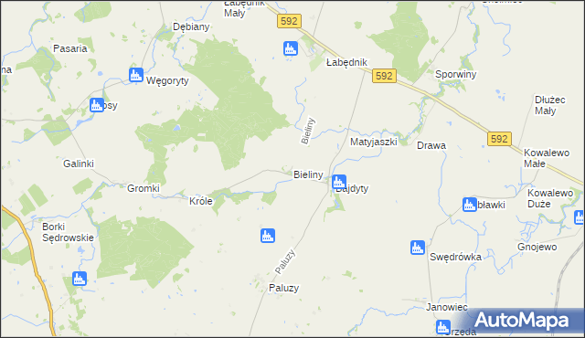 mapa Bieliny gmina Bartoszyce, Bieliny gmina Bartoszyce na mapie Targeo