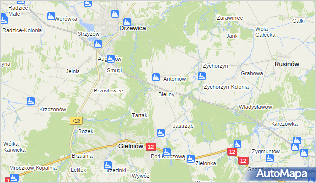 mapa Bieliny gmina Gielniów, Bieliny gmina Gielniów na mapie Targeo