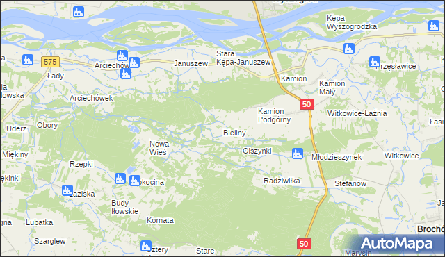 mapa Bieliny gmina Młodzieszyn, Bieliny gmina Młodzieszyn na mapie Targeo